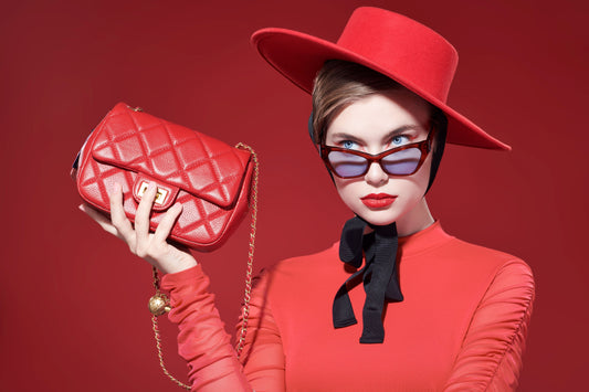 women hold red leather handbag clutch evening party designer bag